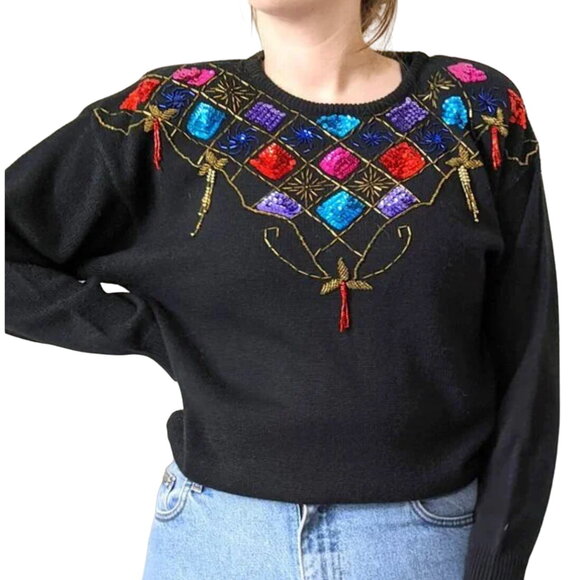 Vintage 80s Beaded Sequined Western Sweater - Picture 1 of 11